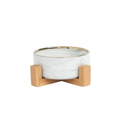 Marble-patterned Ceramic Pet Bowl with Wooden Frame Gold Edge for Dog Cat Food Water Bowl