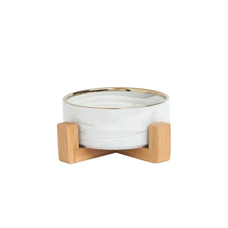 Marble-patterned Ceramic Pet Bowl with Wooden Frame Gold Edge for Dog Cat Food Water Bowl