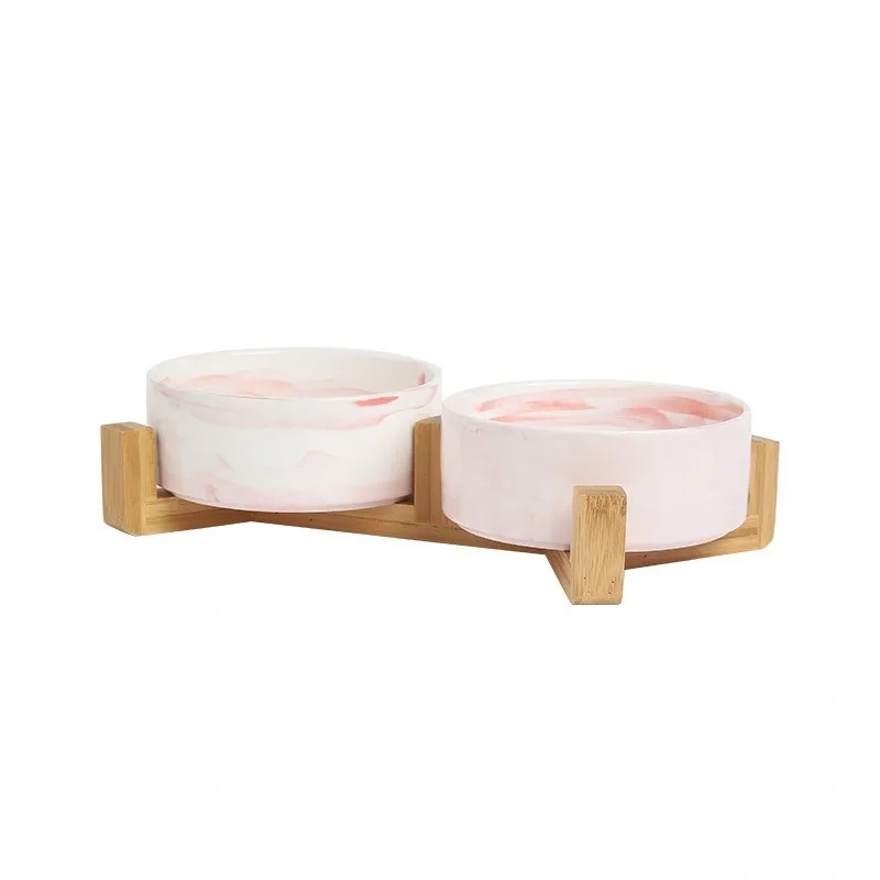 Marble-patterned Ceramic Pet Bowl with Wooden Frame Gold Edge for Dog Cat Food Water Bowl Pet Supplies