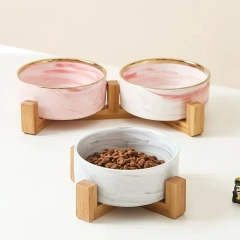 Marble-patterned Ceramic Pet Bowl with Wooden Frame Gold Edge for Dog Cat Food Water Bowl Pet Supplies