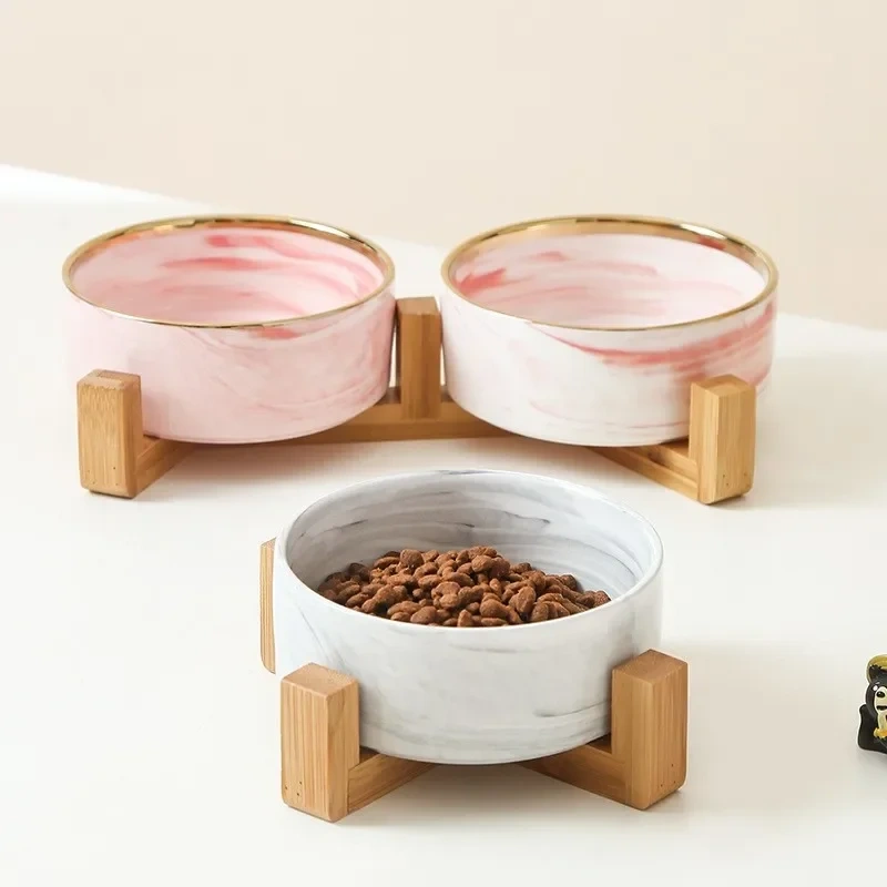 Marble-patterned Ceramic Pet Bowl with Wooden Frame Gold Edge for Dog Cat Food Water Bowl Pet Supplies