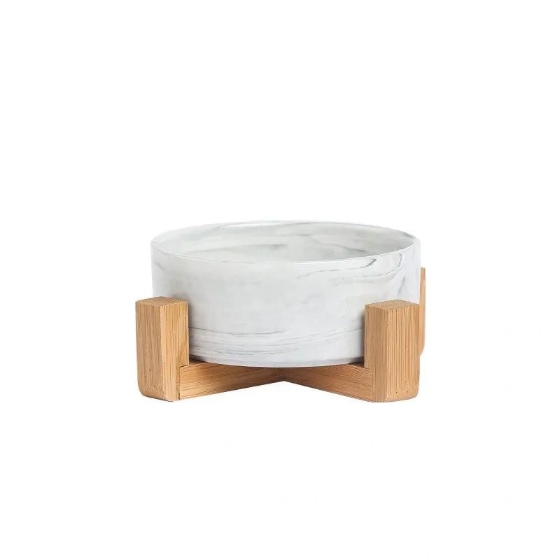 Marble-patterned Ceramic Pet Bowl with Wooden Frame Gold Edge for Dog Cat Food Water Bowl Pet Supplies