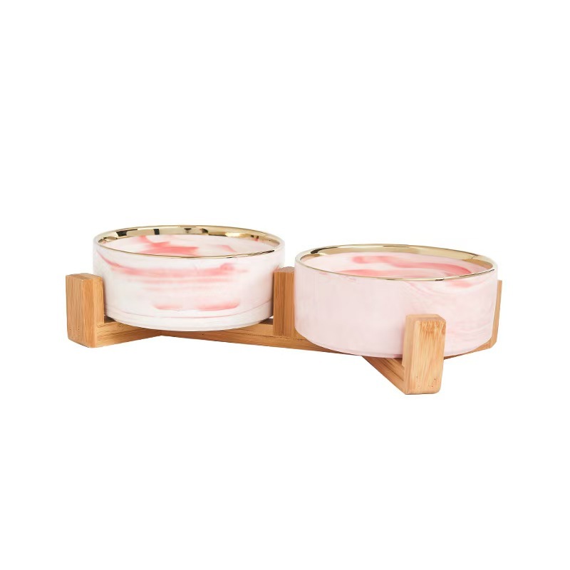 Marble-patterned Ceramic Pet Bowl with Wooden Frame Gold Edge for Dog Cat Food Water Bowl