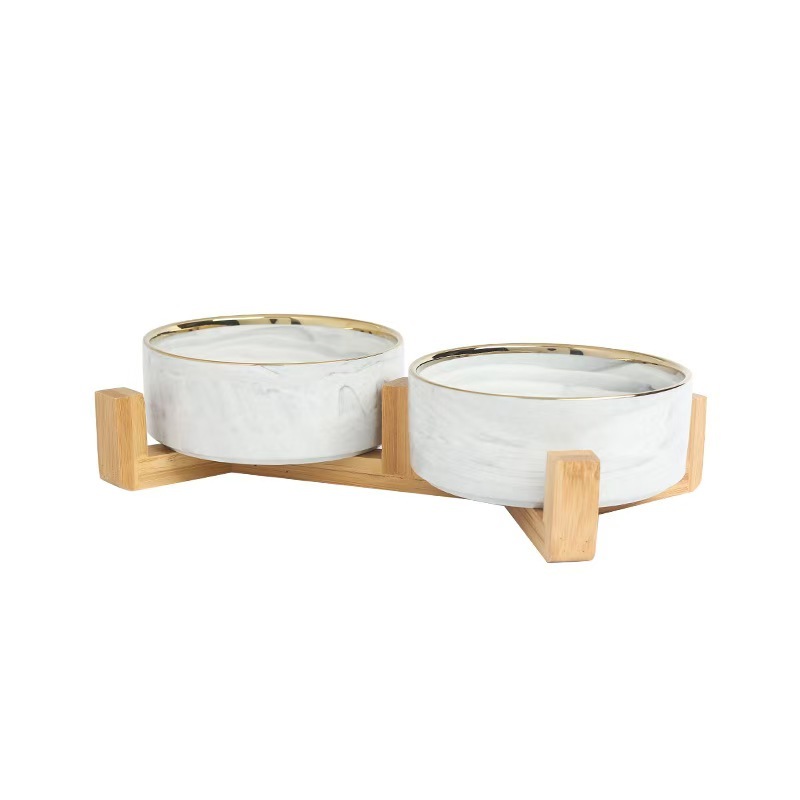 Marble-patterned Ceramic Pet Bowl with Wooden Frame Gold Edge for Dog Cat Food Water Bowl