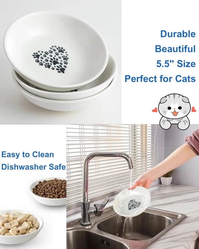5.5inch Eco-Friendly Ceramic Flat Cat Plates Indoor Cats Shallow Bowls Whisker-Friendly Wet Food Dishes for Cute Kittens