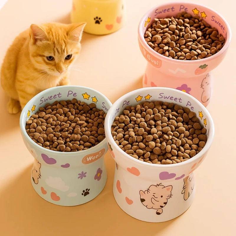 Ceramic Cat Bowl Anti Tipping Cute Dog Food Feeding Basin Large Capacity Non-slip Pet High Foot Bowl Neck Protection
