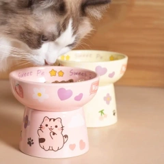Ceramic Cat Bowl Anti Tipping Cute Dog Food Feeding Basin Large Capacity Non-slip Pet High Foot Bowl Neck Protection