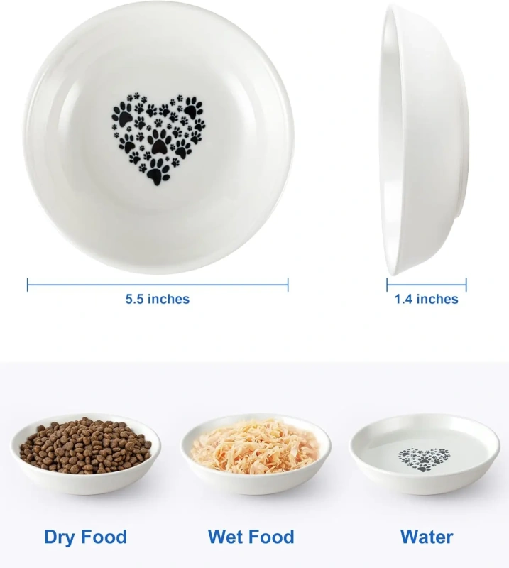 5.5inch Eco-Friendly Ceramic Flat Cat Plates Indoor Cats Shallow Bowls Whisker-Friendly Wet Food Dishes for Cute Kittens