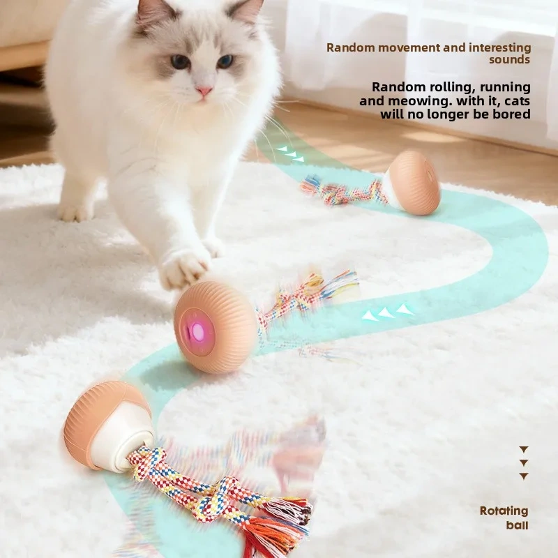 1Pc Interactive Cat Toys for Indoor Cats Interactive Cat Ball Toy with Elastic Mesh Tail Automatic Rotation Cat Toys