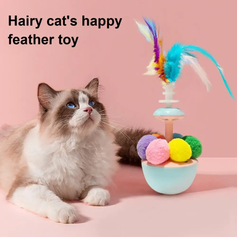 Cat Tumbler Toy with Feather Plush Balls Tumbler Cat Teaser Toy Self-Play Feather Teasing Wand for Cats Anxiety Boredom Relief