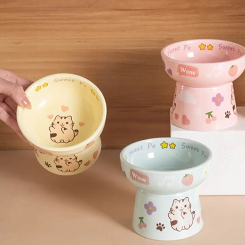 Ceramic Cat Bowl Anti Tipping Cute Dog Food Feeding Basin Large Capacity Non-slip Pet High Foot Bowl Neck Protection