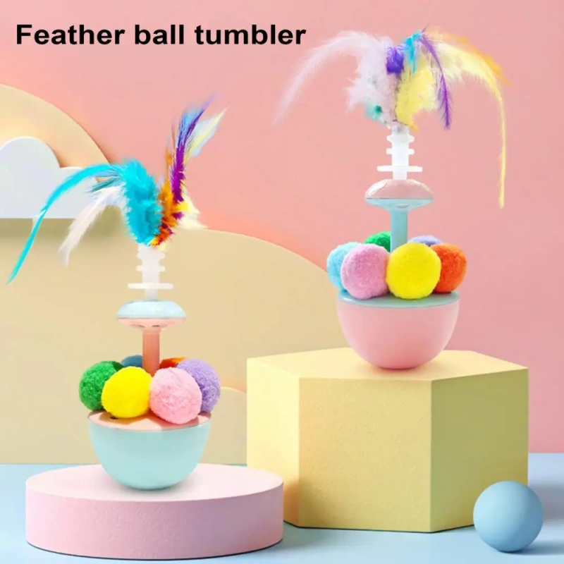Cat Tumbler Toy with Feather Plush Balls Tumbler Cat Teaser Toy Self-Play Feather Teasing Wand for Cats Anxiety Boredom Relief