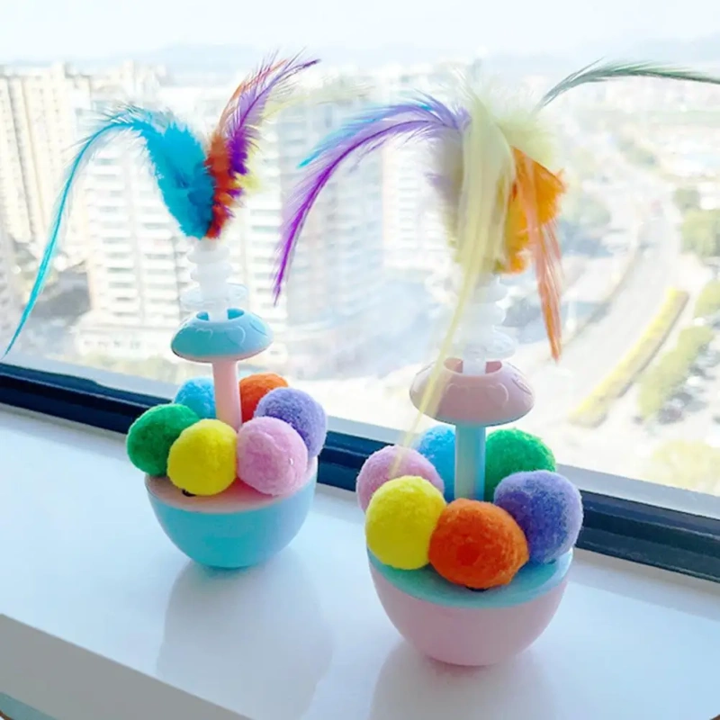 Cat Tumbler Toy with Feather Plush Balls Tumbler Cat Teaser Toy Self-Play Feather Teasing Wand for Cats Anxiety Boredom Relief