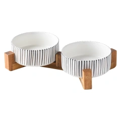 New Black and White Printing Dog Bowl Cat Food Water Bowl Wood Holder Leak-Free Large Feeder Puppy Pet Supplies Dog Accessories
