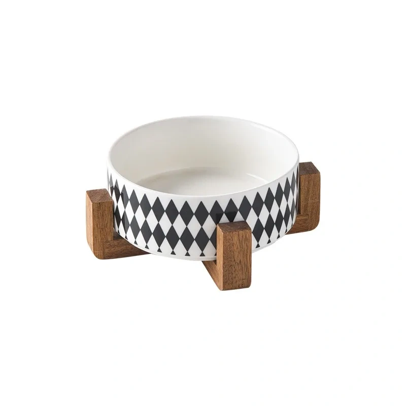 New Black and White Printing Dog Bowl Cat Food Water Bowl Wood Holder Leak-Free Large Feeder Puppy Pet Supplies Dog Accessories