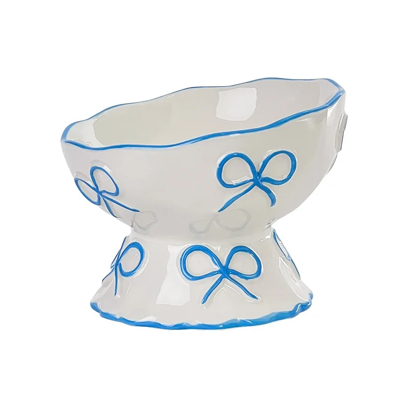 Creative Relief Butterfly Bow High Footed Ceramic Pet Bowl Slanted Mouth Anti Knock Drinking Basin for Dog Cat Pet Supplies