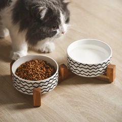 New Black and White Printing Dog Bowl Cat Food Water Bowl Wood Holder Leak-Free Large Feeder Puppy Pet Supplies Dog Accessories