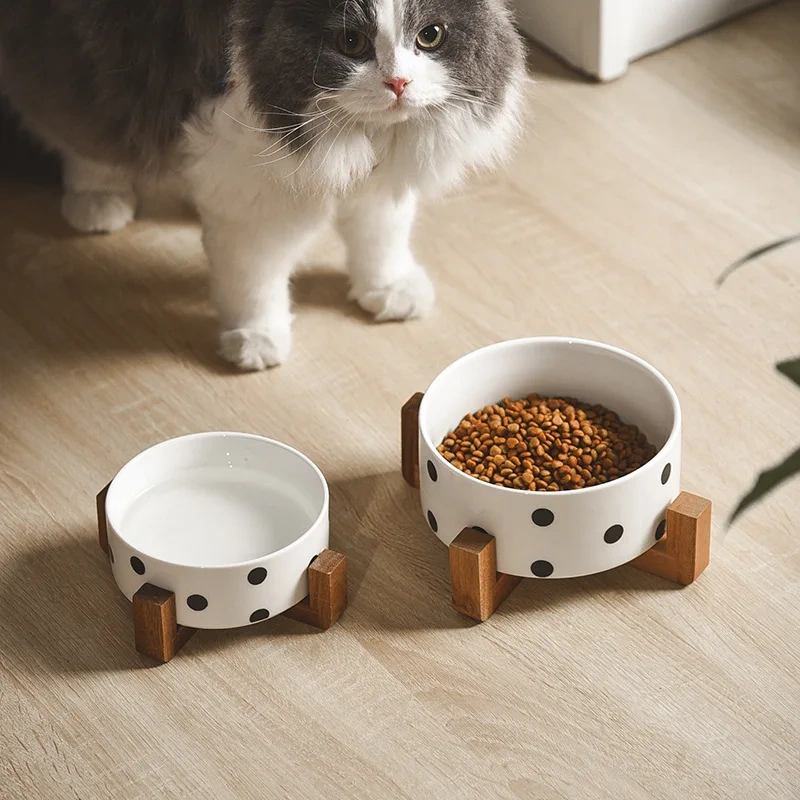 New Black and White Printing Dog Bowl Cat Food Water Bowl Wood Holder Leak-Free Large Feeder Puppy Pet Supplies Dog Accessories