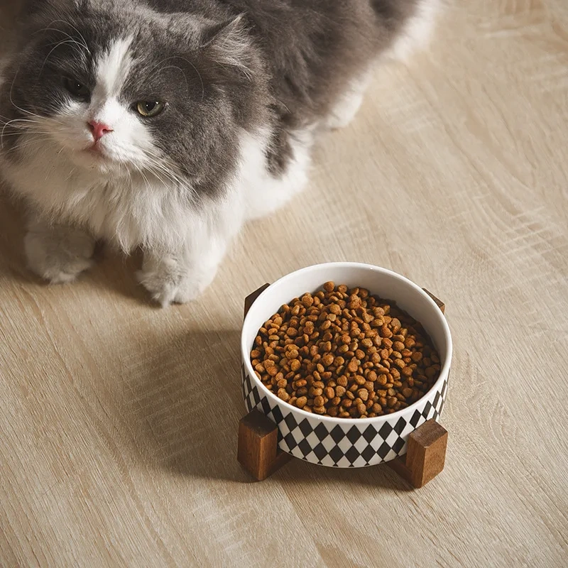 New Black and White Printing Dog Bowl Cat Food Water Bowl Wood Holder Leak-Free Large Feeder Puppy Pet Supplies Dog Accessories