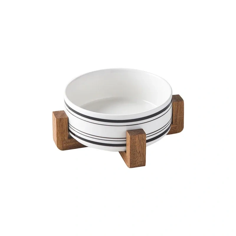 New Black and White Printing Dog Bowl Cat Food Water Bowl Wood Holder Leak-Free Large Feeder Puppy Pet Supplies Dog Accessories
