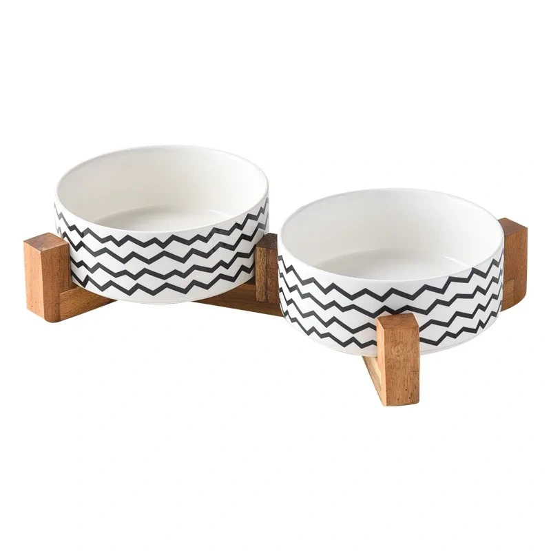 New Black and White Printing Dog Bowl Cat Food Water Bowl Wood Holder Leak-Free Large Feeder Puppy Pet Supplies Dog Accessories