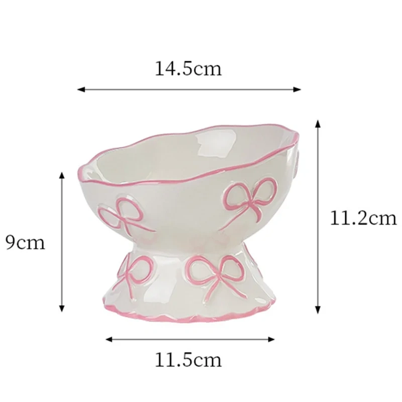 Creative Relief Butterfly Bow High Footed Ceramic Pet Bowl Slanted Mouth Anti Knock Drinking Basin for Dog Cat Pet Supplies