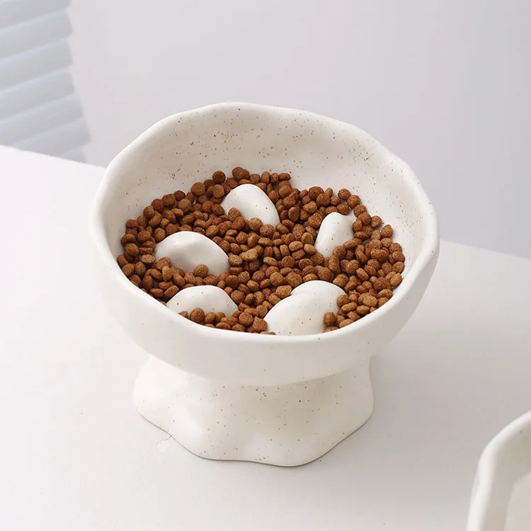 Hammered Iron Glaze Elevated Ceramic Pet Bowl Non-Slip Base with Slow Feeder and Neck Support for Cats and Dogs