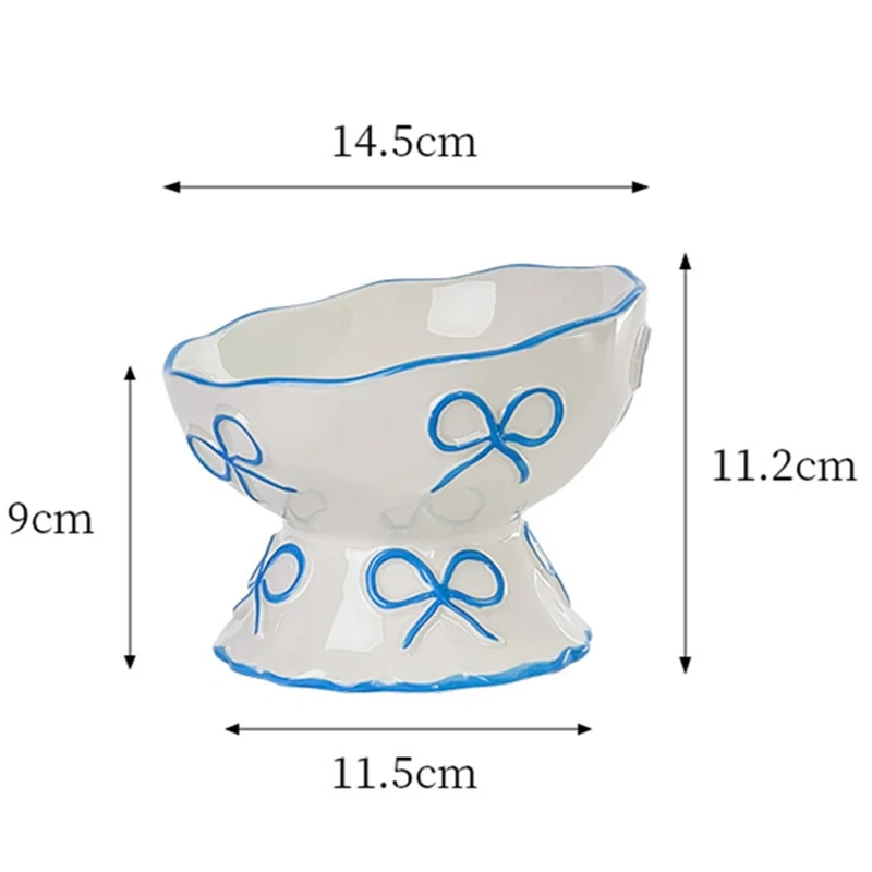 Creative Relief Butterfly Bow High Footed Ceramic Pet Bowl Slanted Mouth Anti Knock Drinking Basin for Dog Cat Pet Supplies