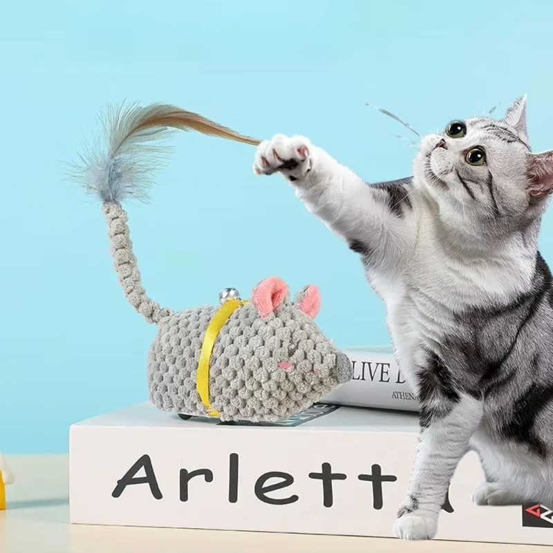 Interactive Electric Mouse Simulation Toy for Cats Self-Entertaining Feather Teasing Stick Fun for Felines
