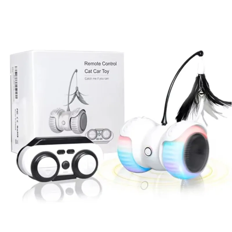 New Feather Sticks Interactive Motorised Remote Control Car Toy Led Luminous Electric Funny Cat Automatic Car Teaser Toy for Toy