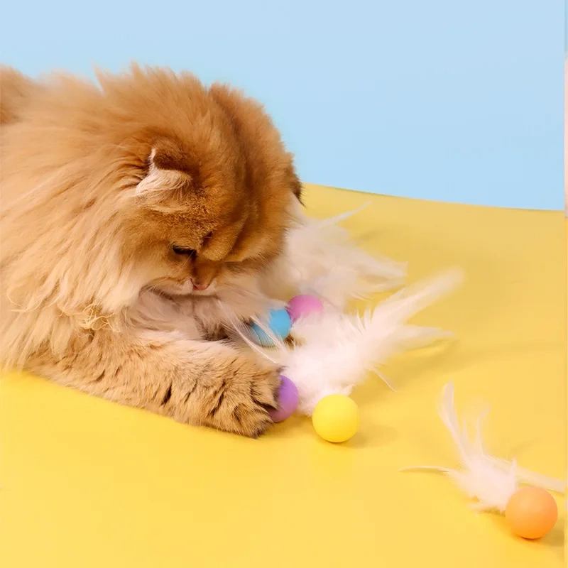 Durable Silicone Feather & Elastic Ball Pet Interactive Play Tableware Cat Teaser Toy