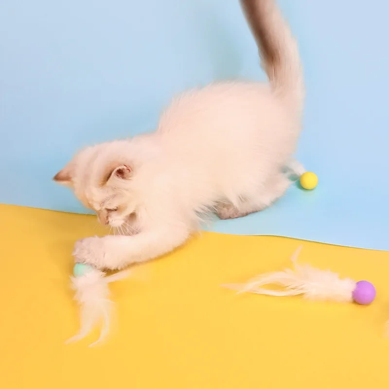 Durable Silicone Feather & Elastic Ball Pet Interactive Play Tableware Cat Teaser Toy