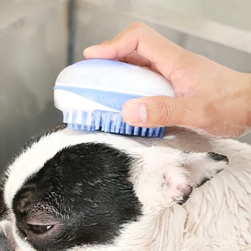 Self Cleaning Pet Dog Cat Grooming Hair Brush Pet Dog Bath Brush With Shampoo Dispenser