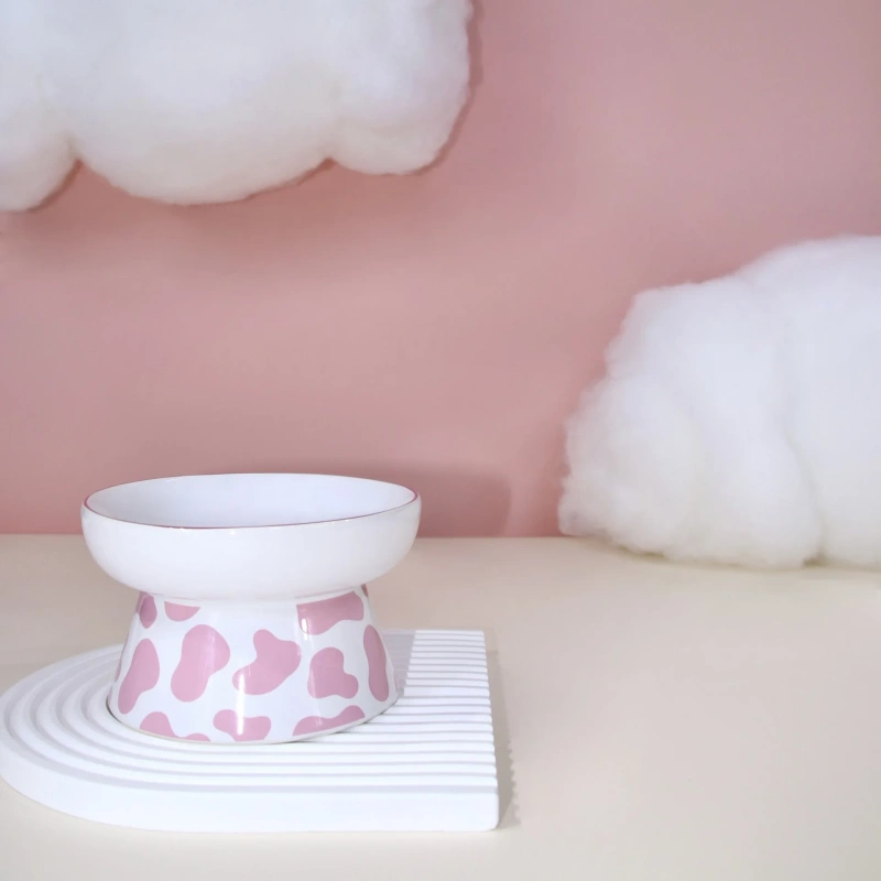 Cartoon Printed Design Cute Ceramic Elevated Dog Bowl for Cats Durable