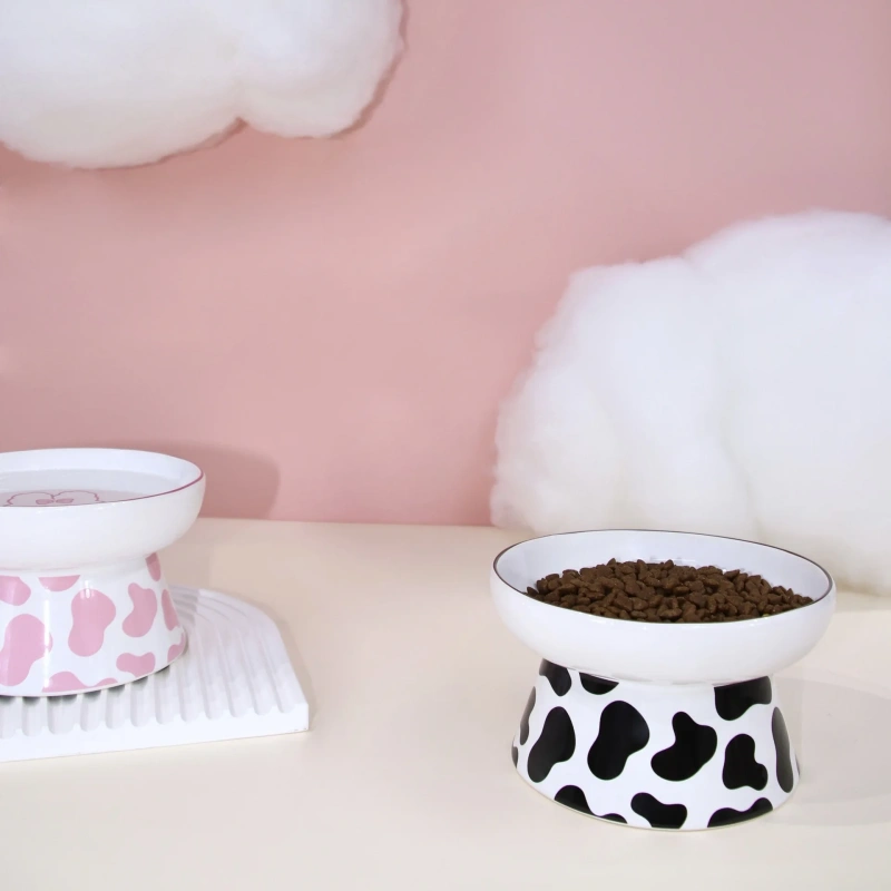 Cartoon Printed Design Cute Ceramic Elevated Dog Bowl for Cats Durable