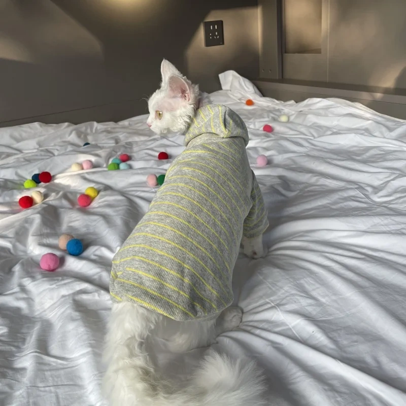 Green Striped Hooded Sweatshirt for Sphinx Cat in Autumn Long Sleeves Warm Coat for Devon Rex Soft Spring Costume for Kittens