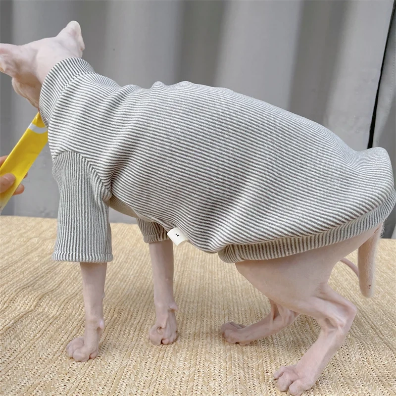 Hairless Cat British-inspired Vintage Bow Tie Grey High Neck Striped Fleece Winter Jacket Sphynx Cat Yellow Warm Coat in Autumn