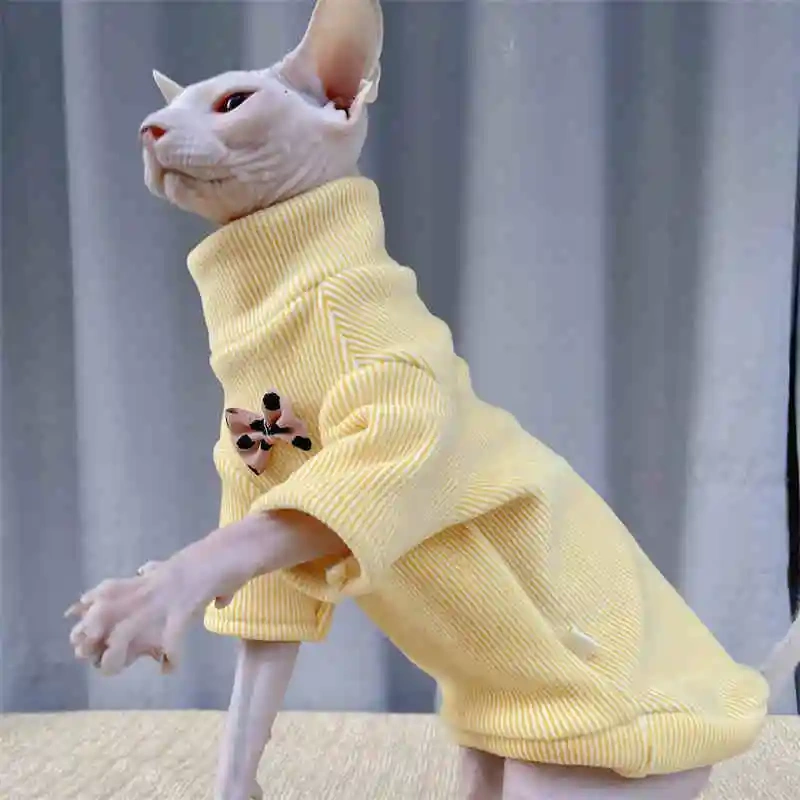 Hairless Cat British-inspired Vintage Bow Tie Grey High Neck Striped Fleece Winter Jacket Sphynx Cat Yellow Warm Coat in Autumn