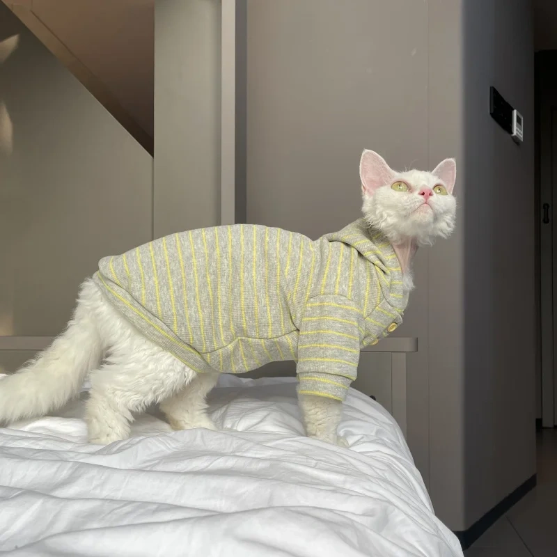 Green Striped Hooded Sweatshirt for Sphinx Cat in Autumn Long Sleeves Warm Coat for Devon Rex Soft Spring Costume for Kittens