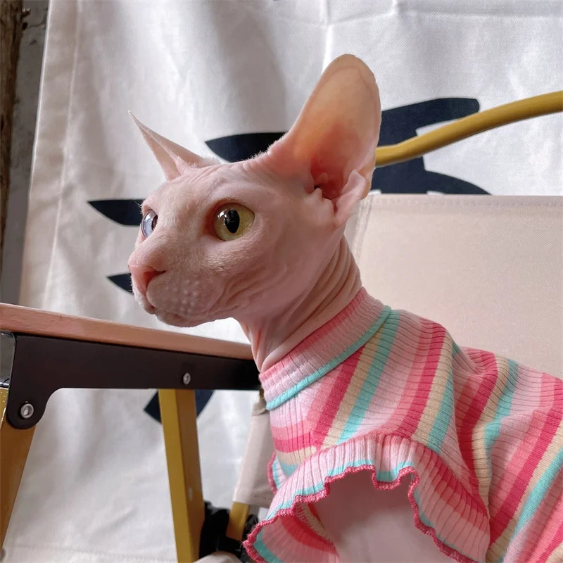 Cats Clothing Soft Cotton Rainbow Color Vest For Sphnx Cat Short Ruffled Sleeves Jumpsuit for Kittens Summer Dress for Cats dogs