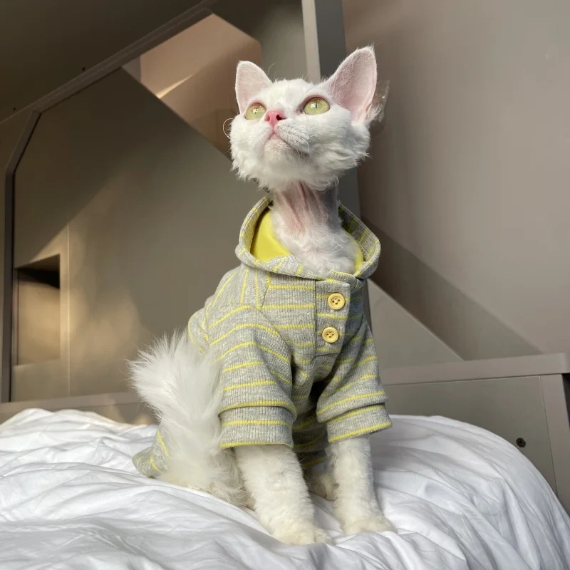 Green Striped Hooded Sweatshirt for Sphinx Cat in Autumn Long Sleeves Warm Coat for Devon Rex Soft Spring Costume for Kittens