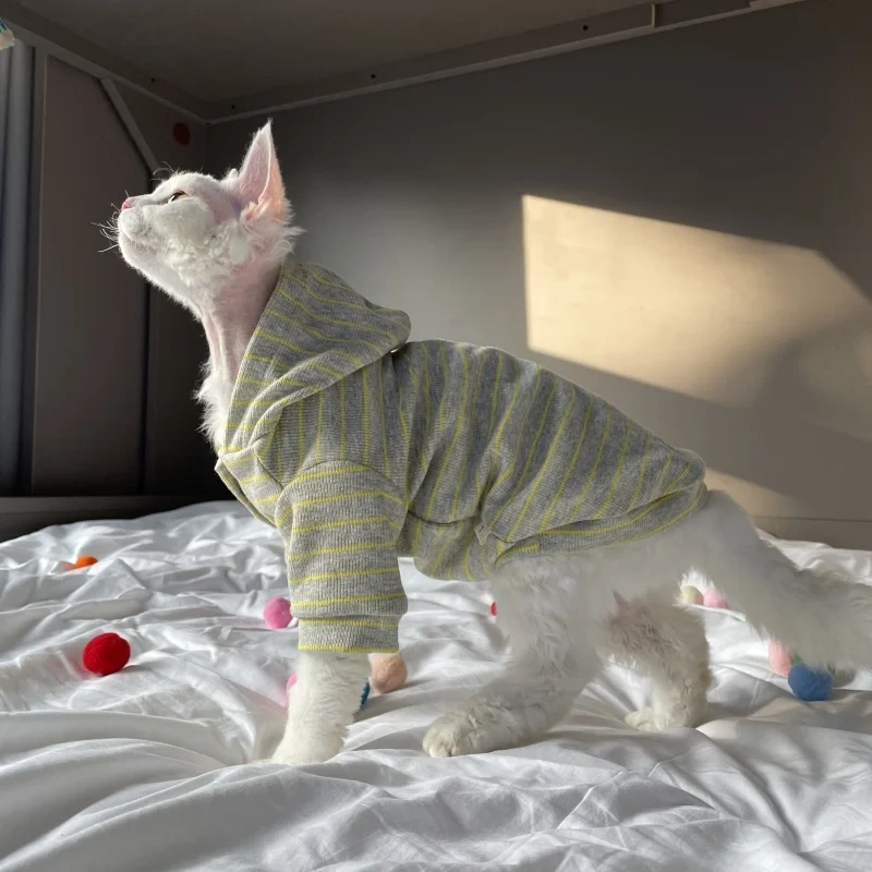 Green Striped Hooded Sweatshirt for Sphinx Cat in Autumn Long Sleeves Warm Coat for Devon Rex Soft Spring Costume for Kittens