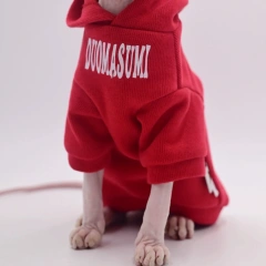 Hooded Red Sweatshirt with Letters for Sphynx Cat Winter Soft Fashion Coat for Kittens Warm Loungewear for Devon Rex in Autumn