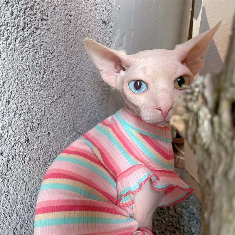 Cats Clothing Soft Cotton Rainbow Color Vest For Sphnx Cat Short Ruffled Sleeves Jumpsuit for Kittens Summer Dress for Cats dogs
