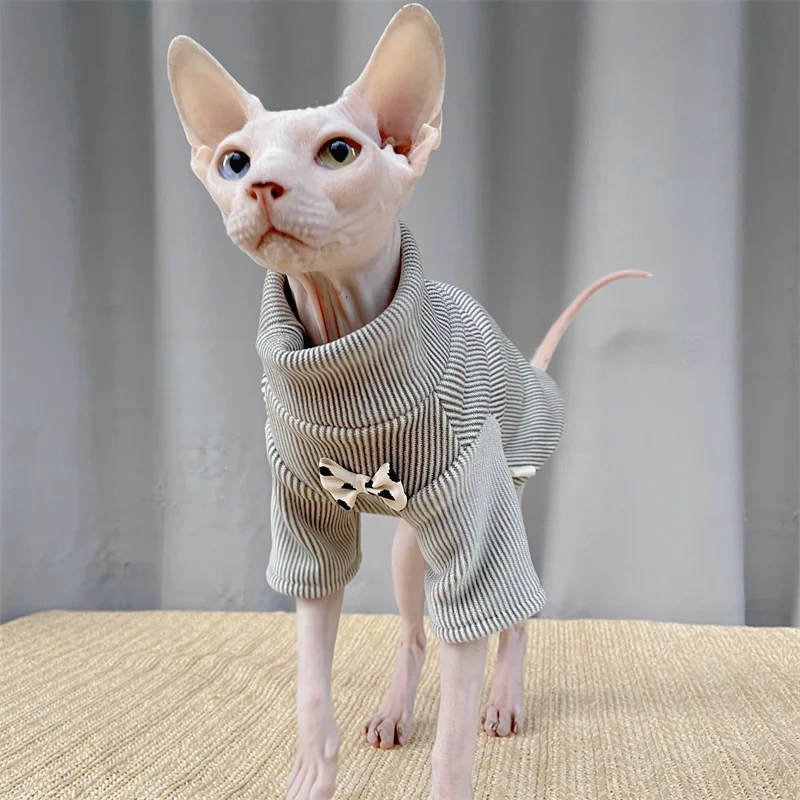 Hairless Cat British-inspired Vintage Bow Tie Grey High Neck Striped Fleece Winter Jacket Sphynx Cat Yellow Warm Coat in Autumn