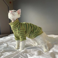 Winter Long Sleeved Coat for Sphynx Cat Soft Warm Cotton Fleece Striped T-shirt for Devon Rex Autumn Grey Green Pajamas for Cats
