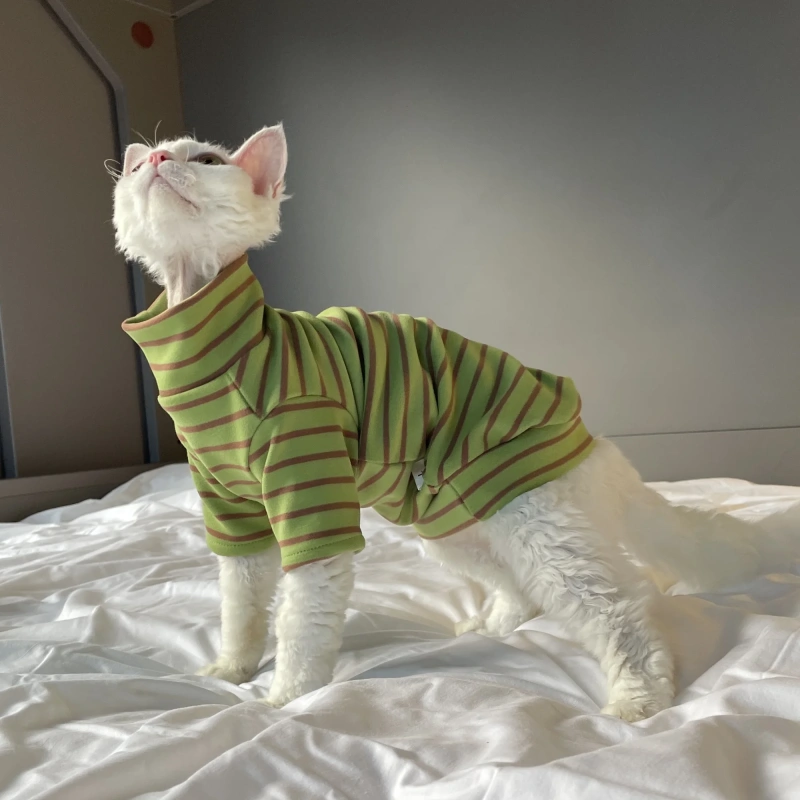 Winter Long Sleeved Coat for Sphynx Cat Soft Warm Cotton Fleece Striped T-shirt for Devon Rex Autumn Grey Green Pajamas for Cats