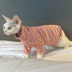 Winter Long Sleeved Coat for Sphynx Cat Soft Warm Cotton Fleece Striped T-shirt for Devon Rex Autumn Grey Green Pajamas for Cats