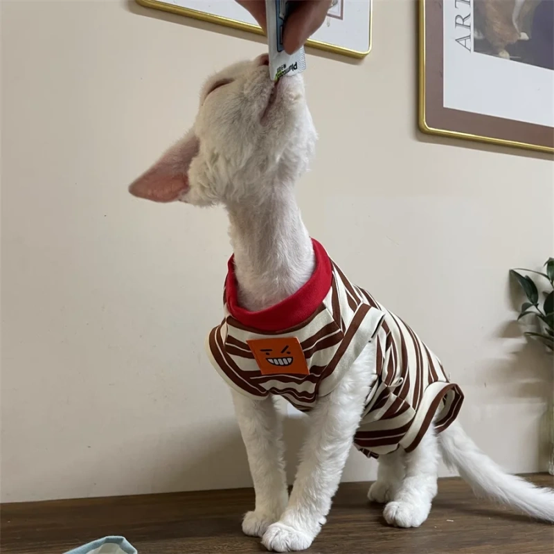 Soft Summer Suit for Cat Four-LeggedShort Sleeves Cotton Striped Brown T-shirt for Sphinx Cat in Spring Soft Vest for Kittens