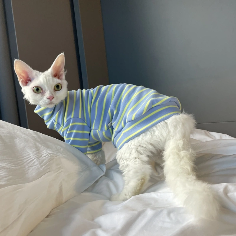 Winter Long Sleeved Coat for Sphynx Cat Soft Warm Cotton Fleece Striped T-shirt for Devon Rex Autumn Grey Green Pajamas for Cats